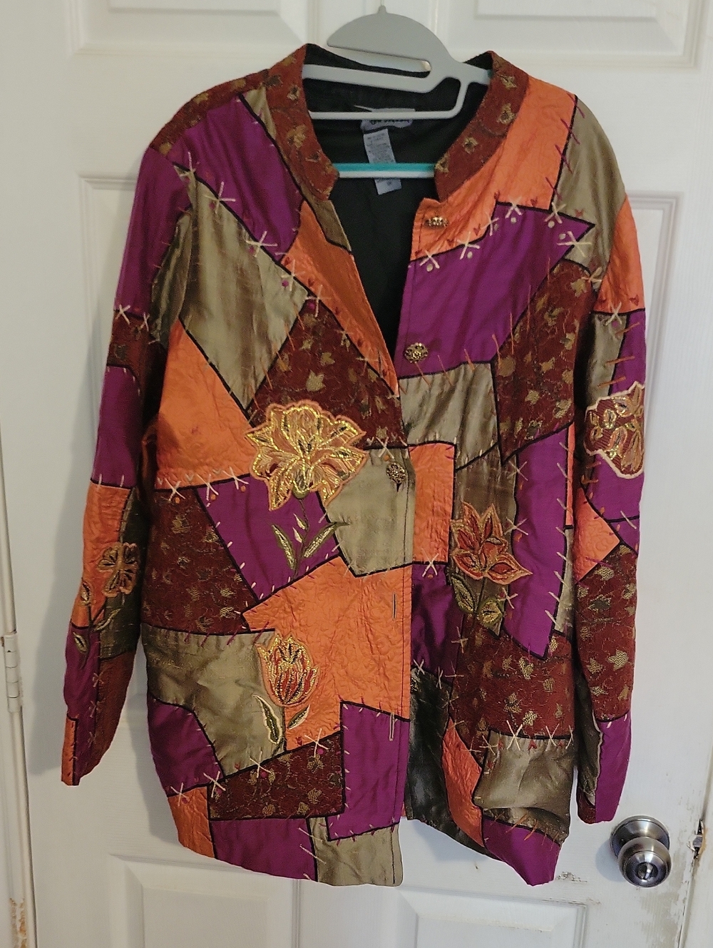 Patchwork Embroidered Satin Blazer - Purple & Orange